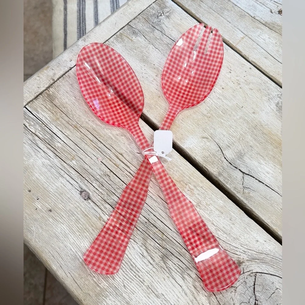 NWT Red Gingham Melamine Serving Set | Spoon and Fork. Checkered Rustic 12”